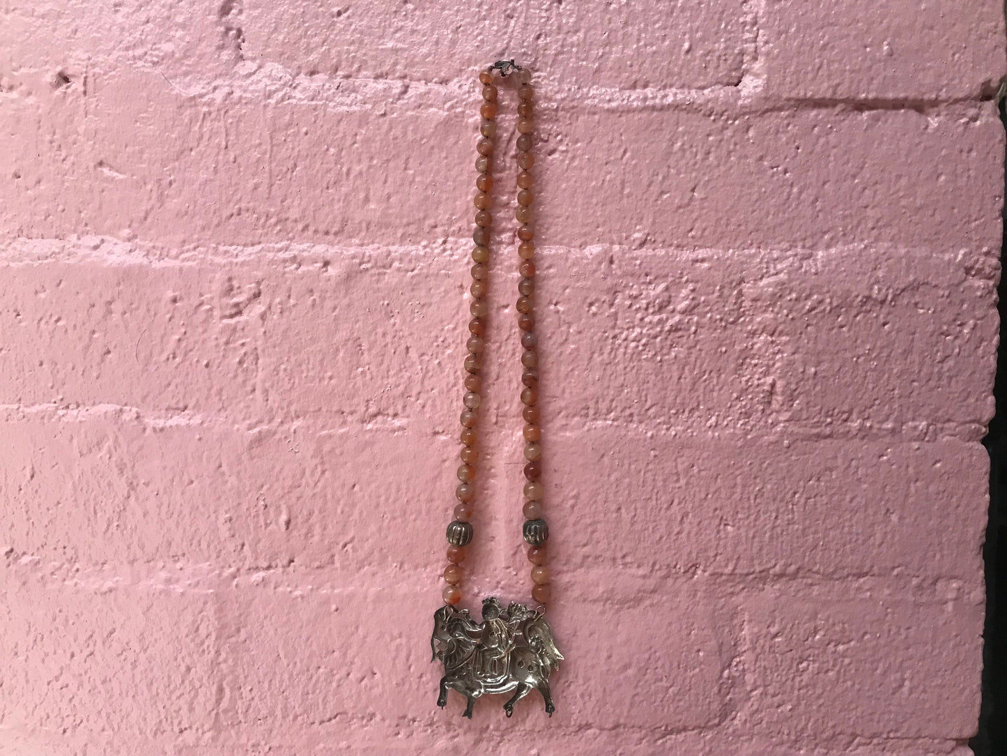 Vintage Citrine Beaded Necklace with Chinese Metal Pendant