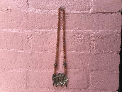 Vintage Citrine Beaded Necklace with Chinese Metal Pendant