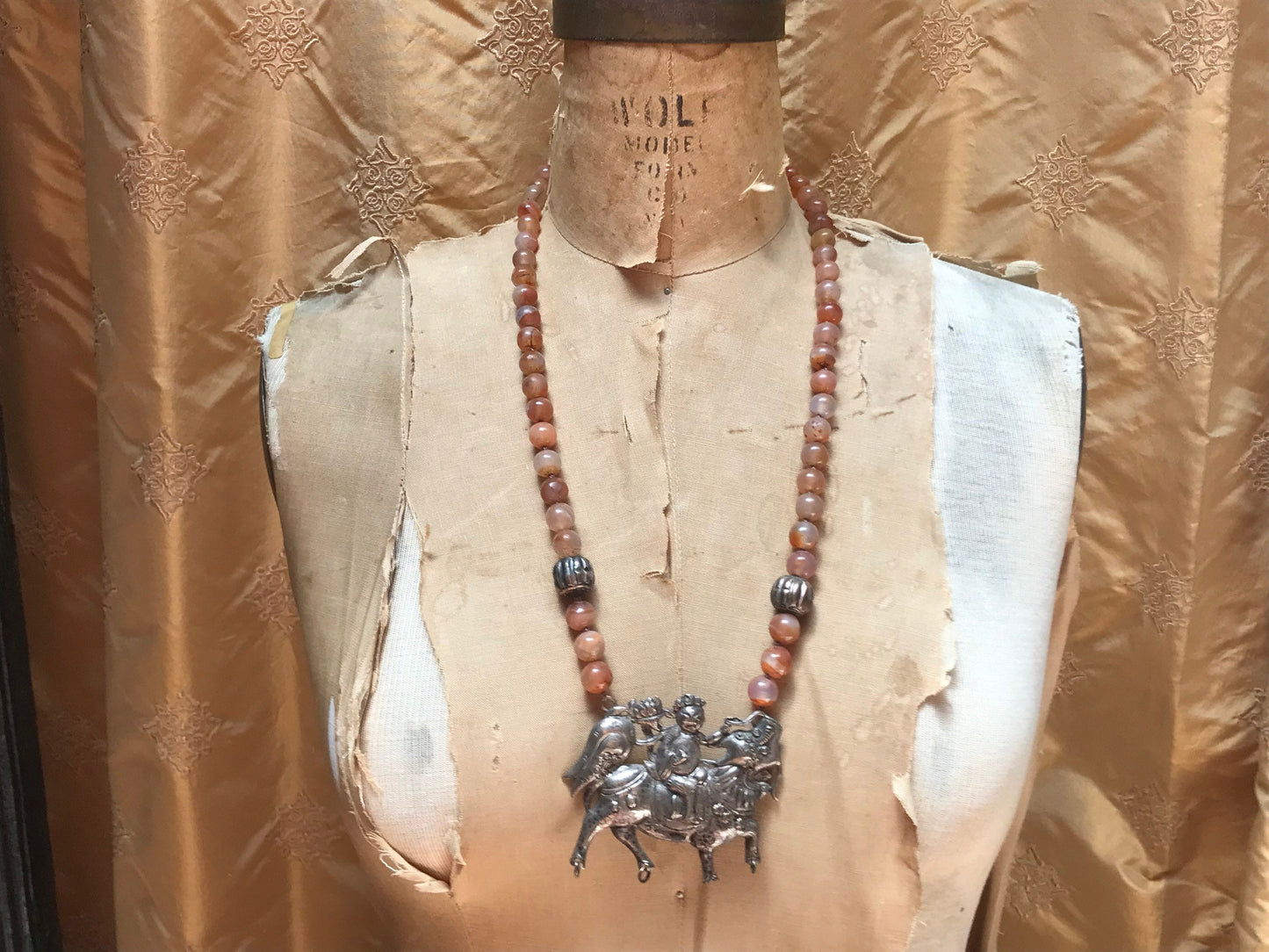 Vintage Citrine Beaded Necklace with Chinese Metal Pendant