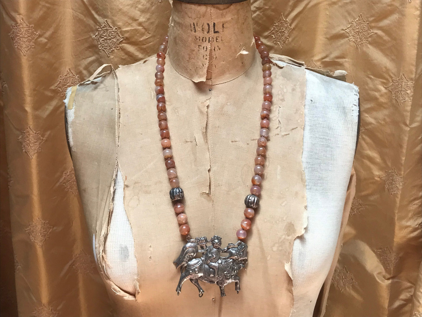 Vintage Citrine Beaded Necklace with Chinese Metal Pendant