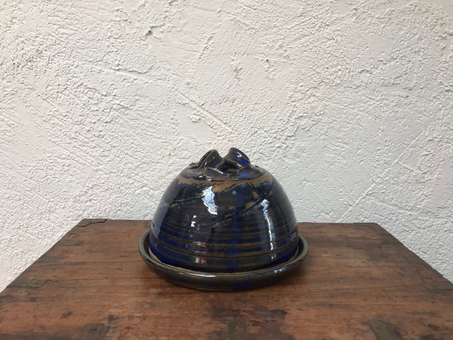 Vintage Dark Blue Ceramic Bowl with Removable Top Studio Pottery