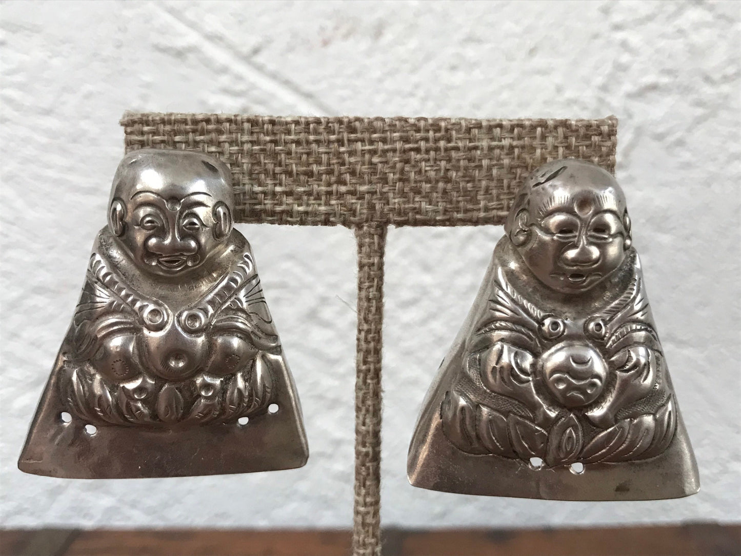 Vintage Chinese Silver Triangular Buddha Earrings