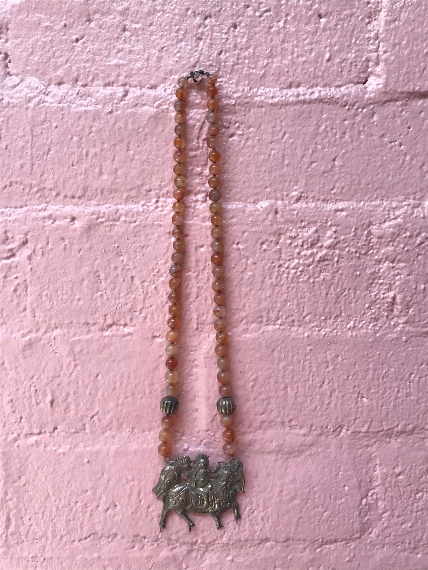 Vintage Citrine Beaded Necklace with Chinese Metal Pendant