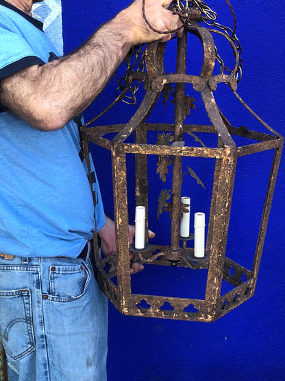 Large Antique Wrought Iron Hanging Lamp 1920s