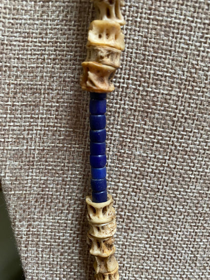 Fish Vertebrae and Blue Lapis Beaded Necklace