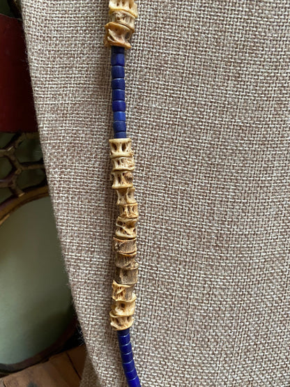 Fish Vertebrae and Blue Lapis Beaded Necklace