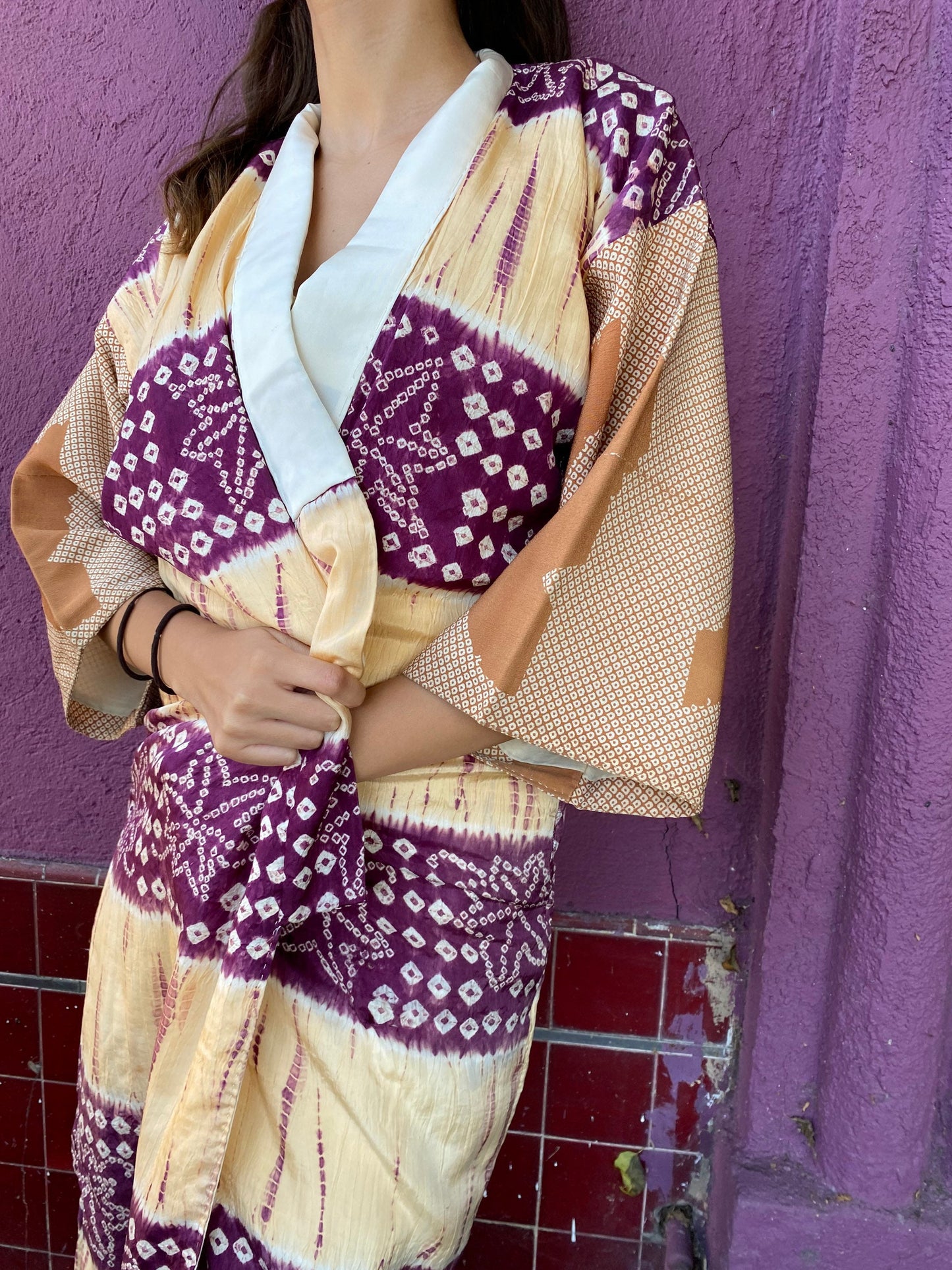 Vintage Silk Purple and Butter Yellow Kimono Jacket