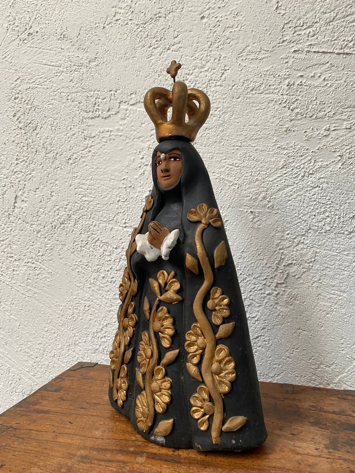 Vintage Mexican Virgin of Solitude Clay Figure