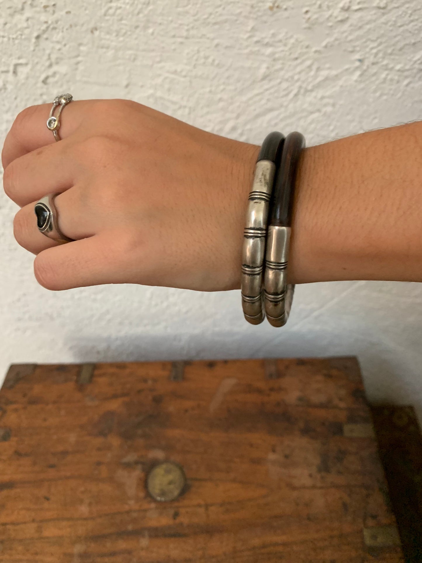 Antique Chinese Bamboo and Sterling Silver Bangles
