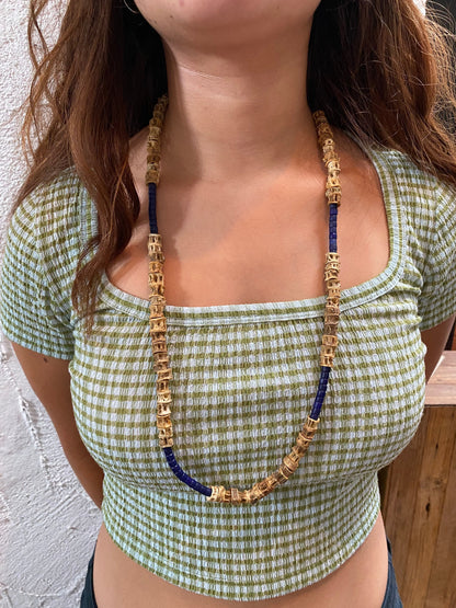 Fish Vertebrae and Blue Lapis Beaded Necklace