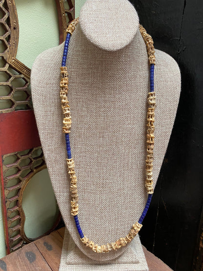 Fish Vertebrae and Blue Lapis Beaded Necklace