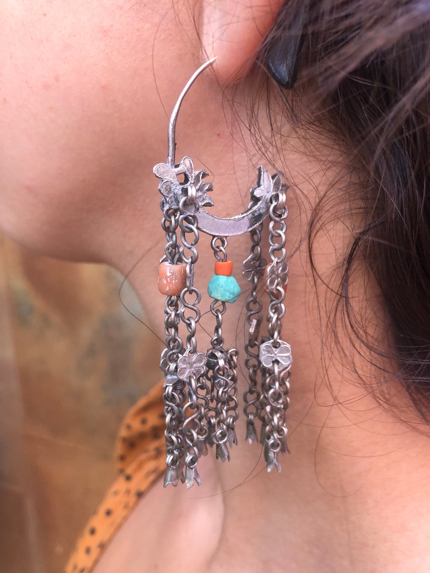 Antique AfghaniSilver Coral Turquoise Chandelier Earrings