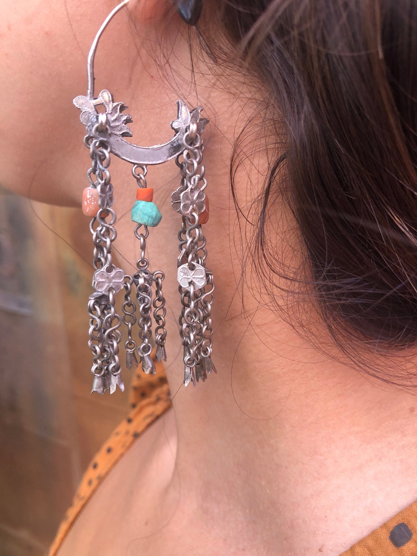 Antique AfghaniSilver Coral Turquoise Chandelier Earrings