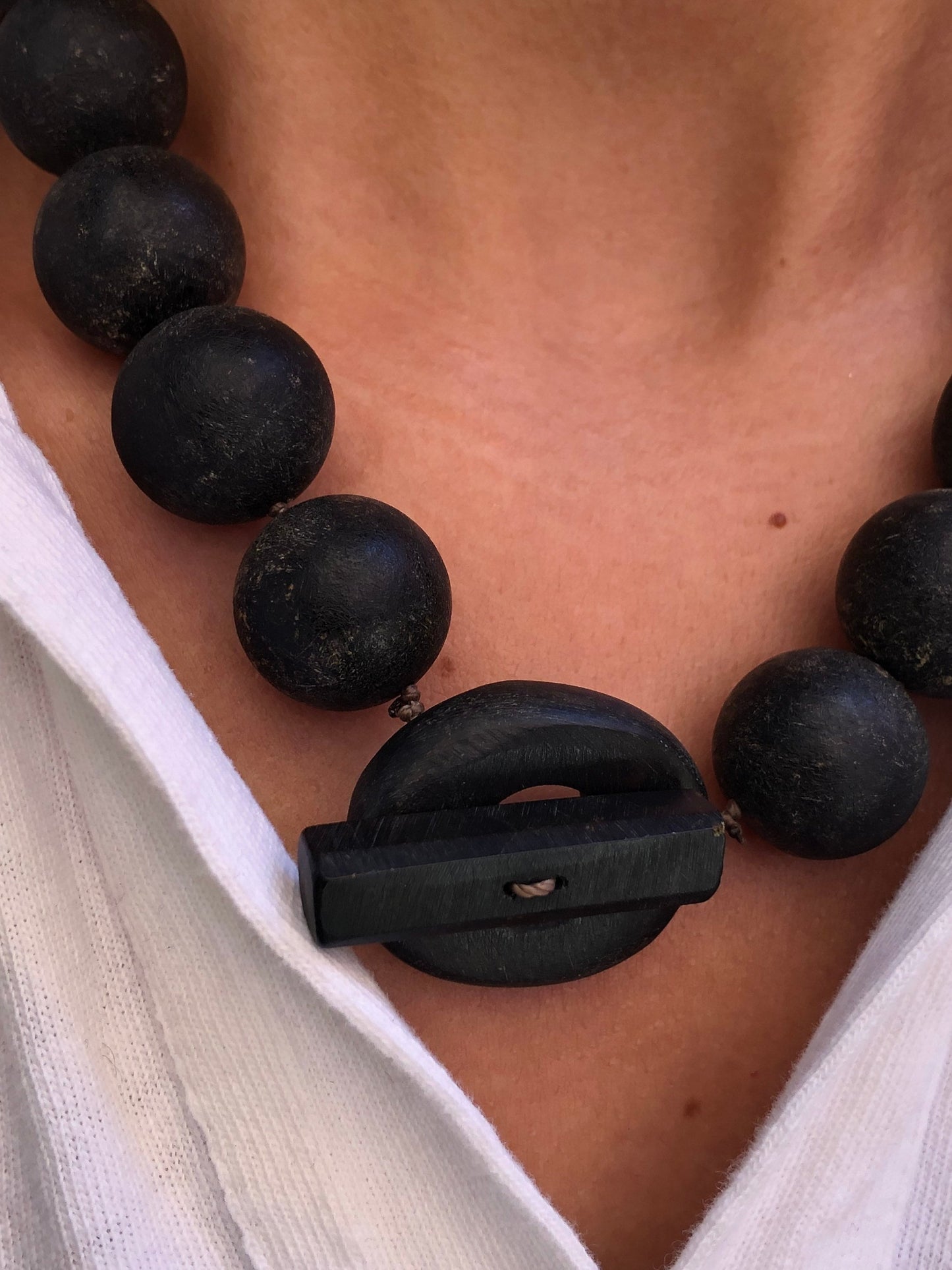 Modern Tribal Primitive Wood Ball Necklace with Unique Closure