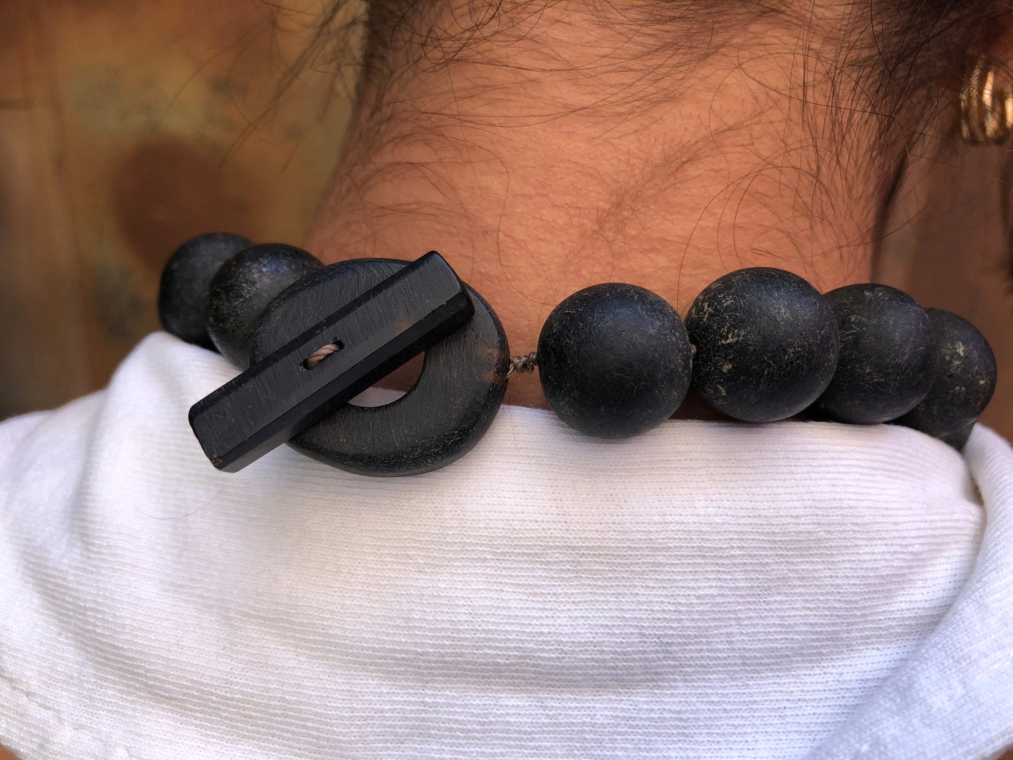 Modern Tribal Primitive Wood Ball Necklace with Unique Closure