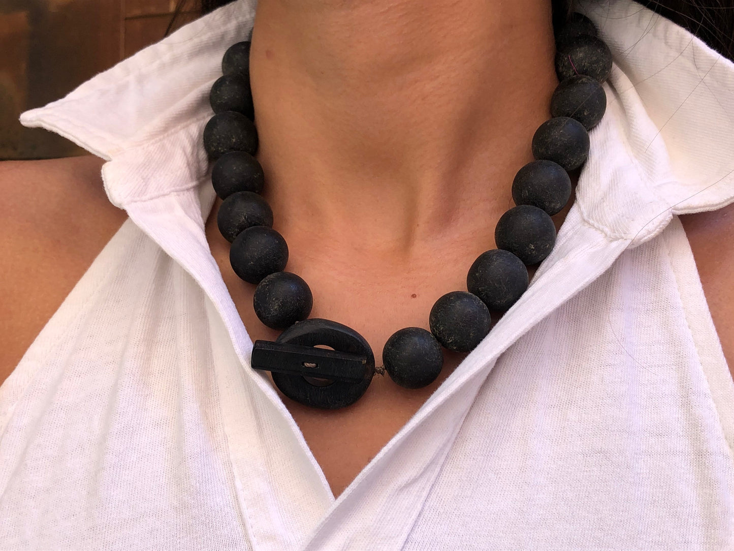 Modern Tribal Primitive Wood Ball Necklace with Unique Closure