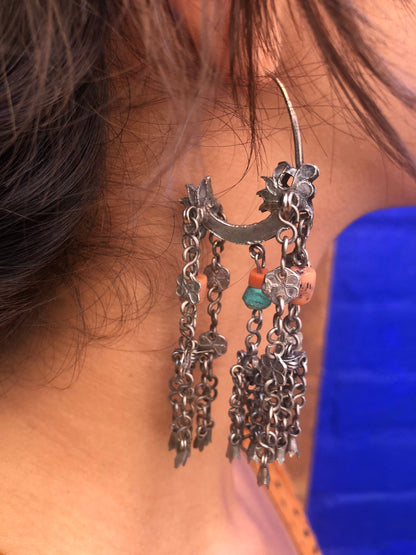 Antique AfghaniSilver Coral Turquoise Chandelier Earrings
