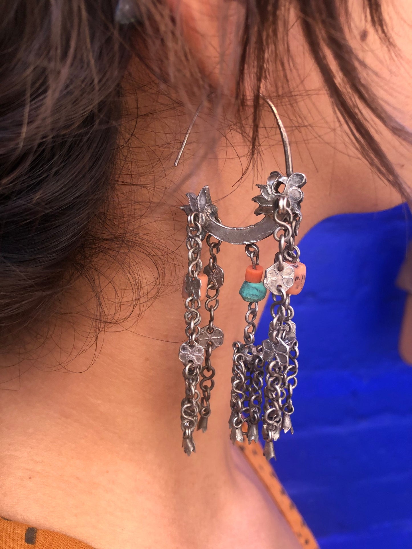 Antique AfghaniSilver Coral Turquoise Chandelier Earrings