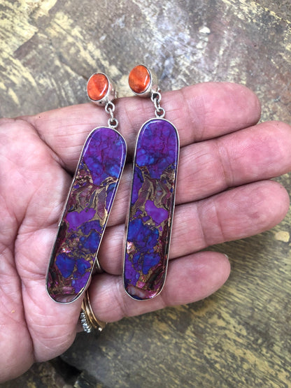 Native American Spiny Oyster and Reconstituted Stone Earrings Purple and Orange Earrings