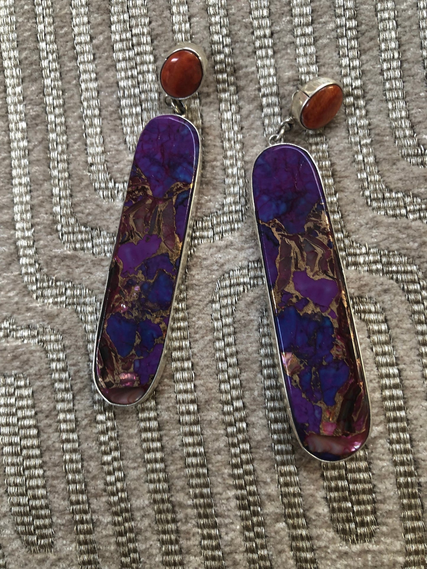 Native American Spiny Oyster and Reconstituted Stone Earrings Purple and Orange Earrings