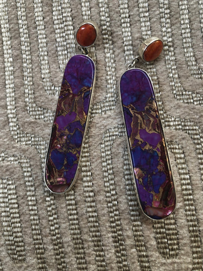 Native American Spiny Oyster and Reconstituted Stone Earrings Purple and Orange Earrings