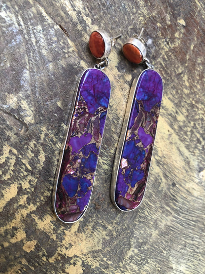 Native American Spiny Oyster and Reconstituted Stone Earrings Purple and Orange Earrings
