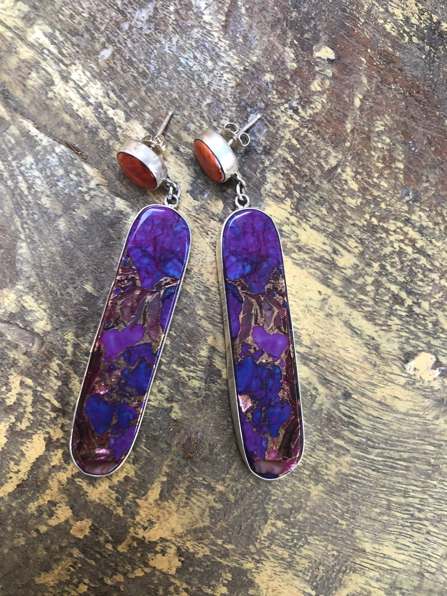 Native American Spiny Oyster and Reconstituted Stone Earrings Purple and Orange Earrings