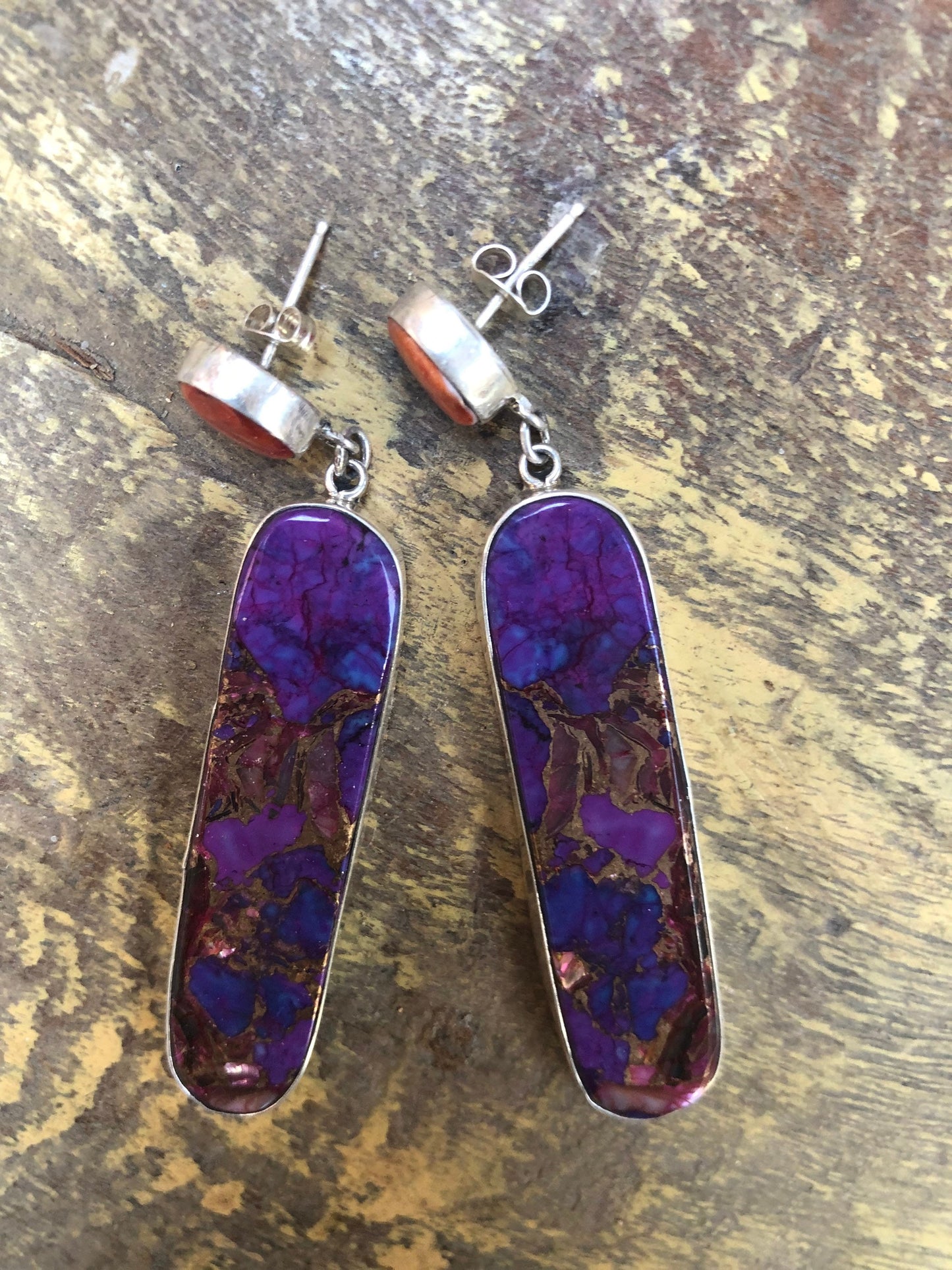 Native American Spiny Oyster and Reconstituted Stone Earrings Purple and Orange Earrings