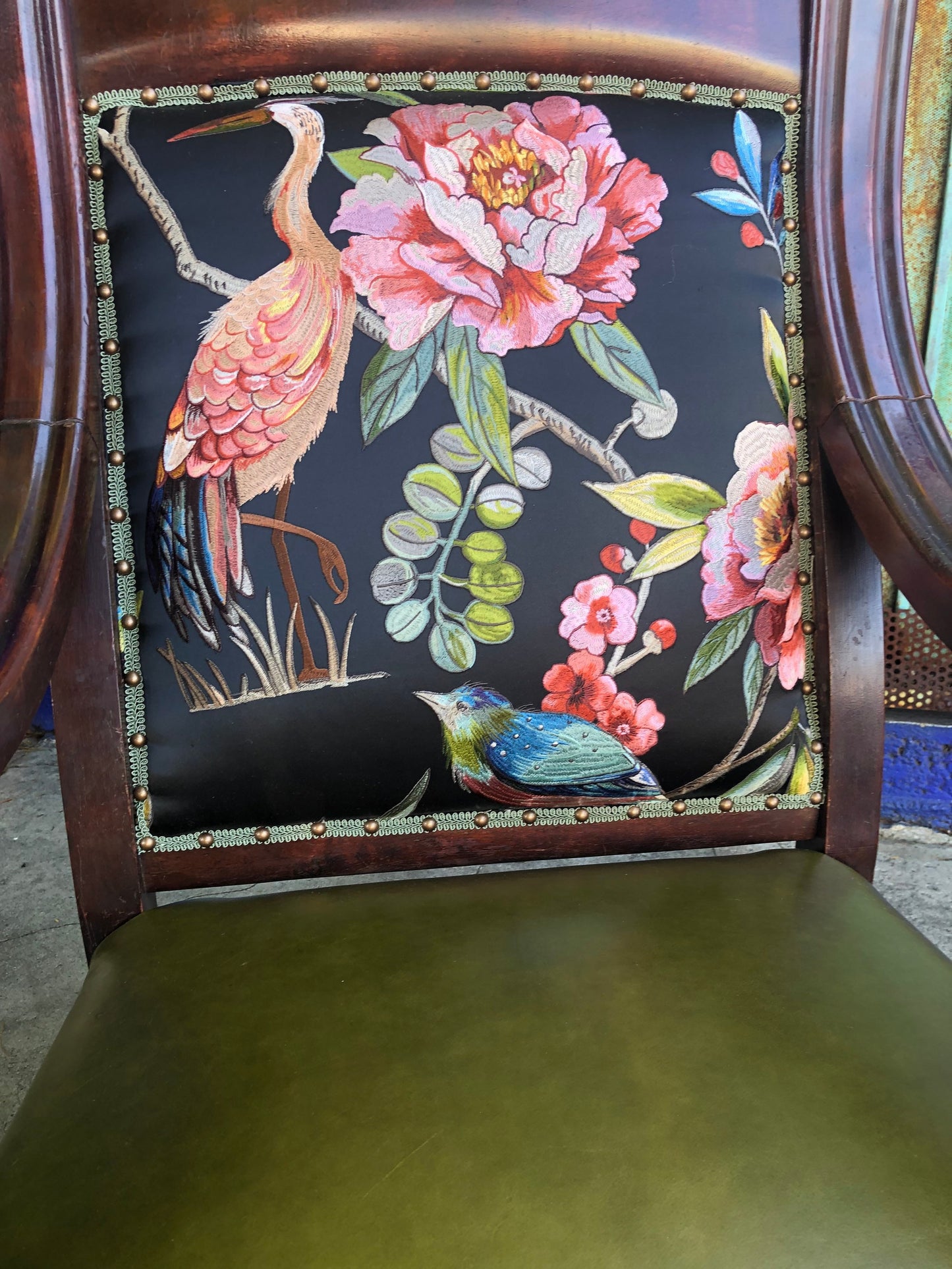 Repurposed Recycled Victorian Wooden Rocking Chair with Leather and Embroidered Textile