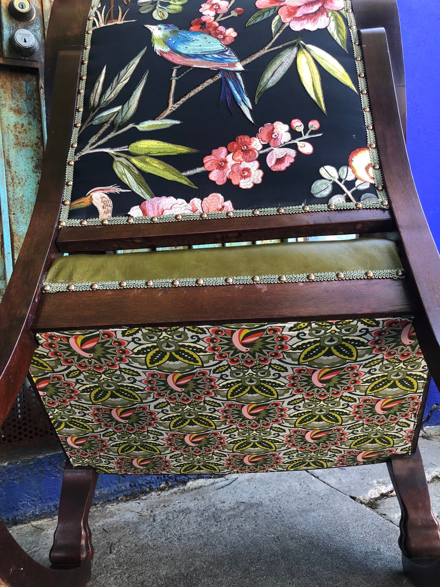 Repurposed Recycled Victorian Wooden Rocking Chair with Leather and Embroidered Textile