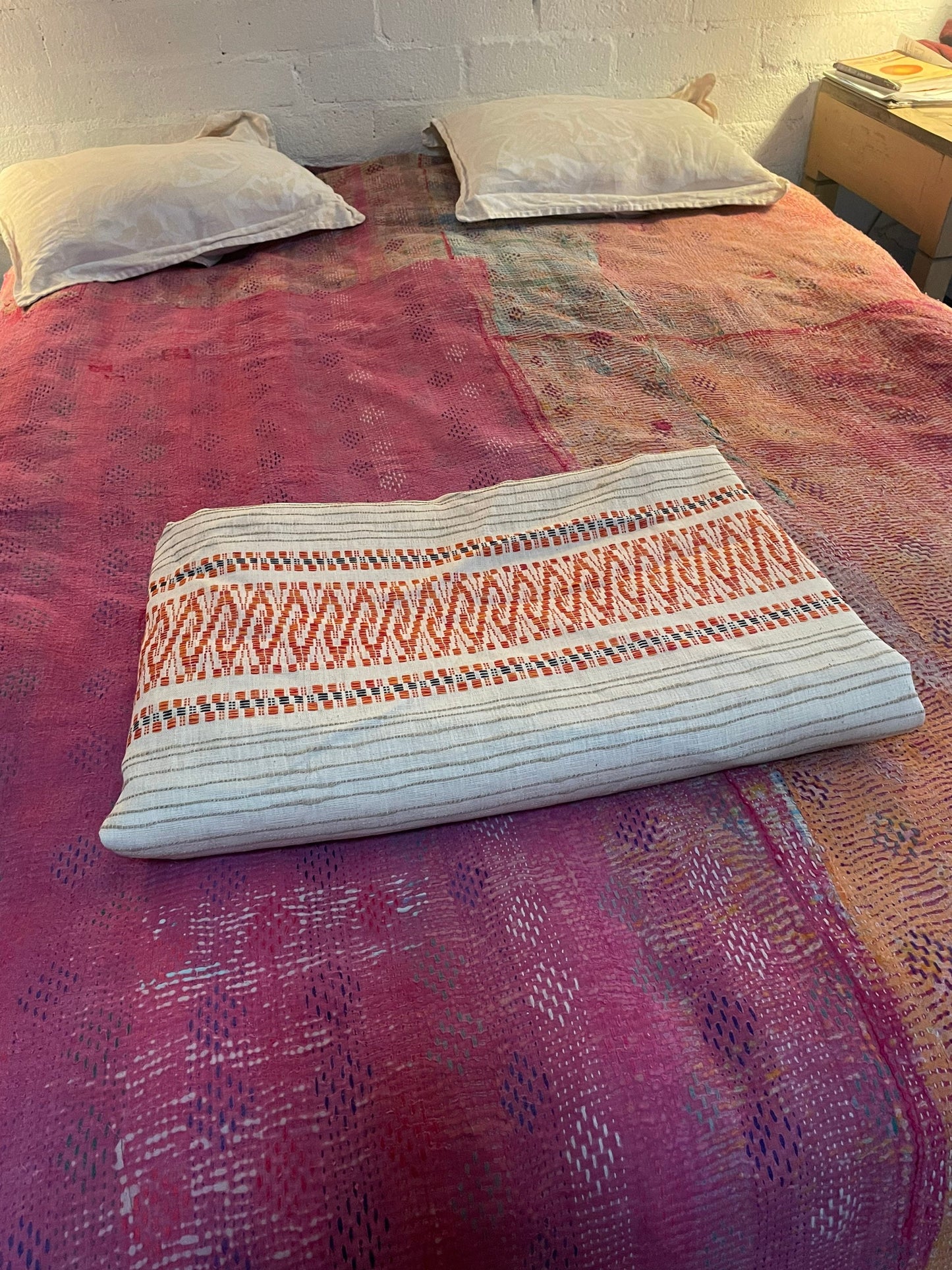 Vintage Mid-Century Handwoven Bedspread – 1960s Cotton Textile in Orange & Black | Large 104" x 74" Coverlet