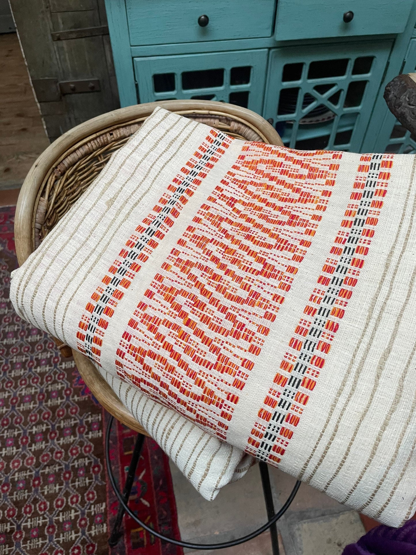 Vintage Mid-Century Handwoven Bedspread – 1960s Cotton Textile in Orange & Black | Large 104" x 74" Coverlet