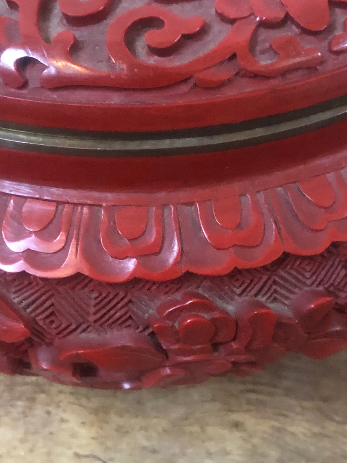 Antique Chinese Hand Carved Round Cinnabar Box with Lid