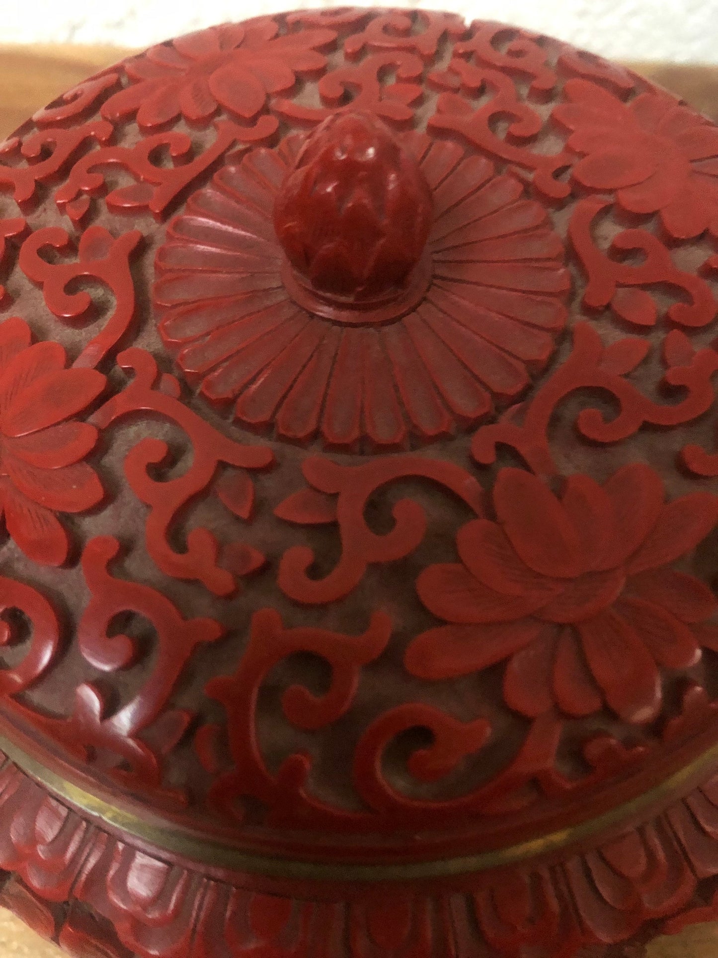 Antique Chinese Hand Carved Round Cinnabar Box with Lid