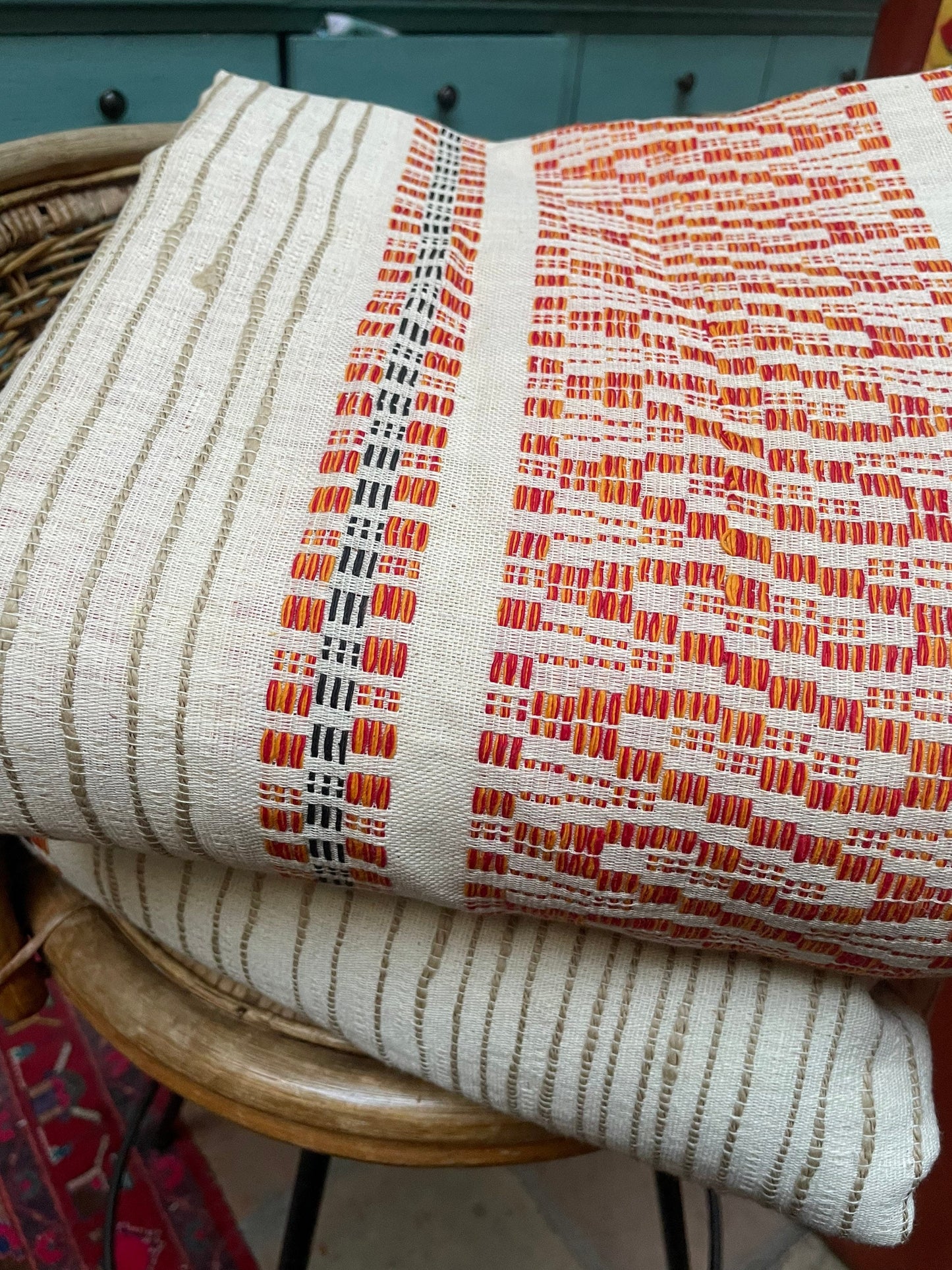 Vintage Mid-Century Handwoven Bedspread – 1960s Cotton Textile in Orange & Black | Large 104" x 74" Coverlet