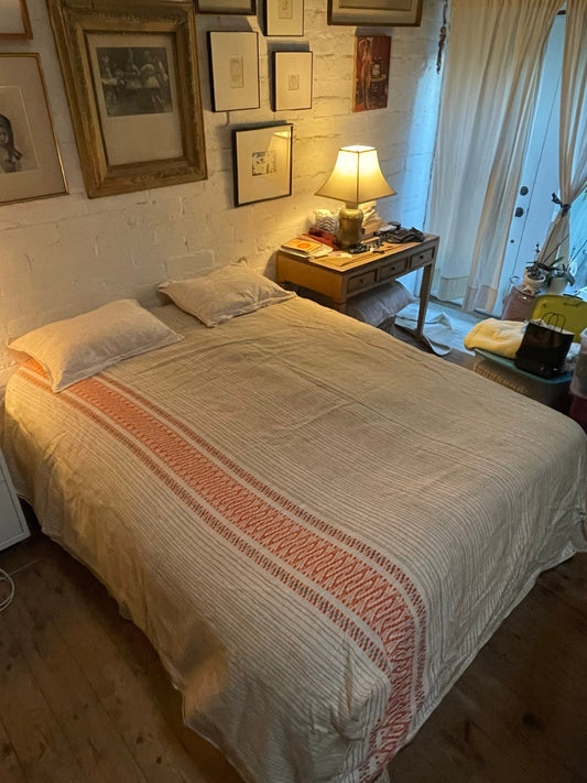 Vintage Mid-Century Handwoven Bedspread – 1960s Cotton Textile in Orange & Black | Large 104" x 74" Coverlet