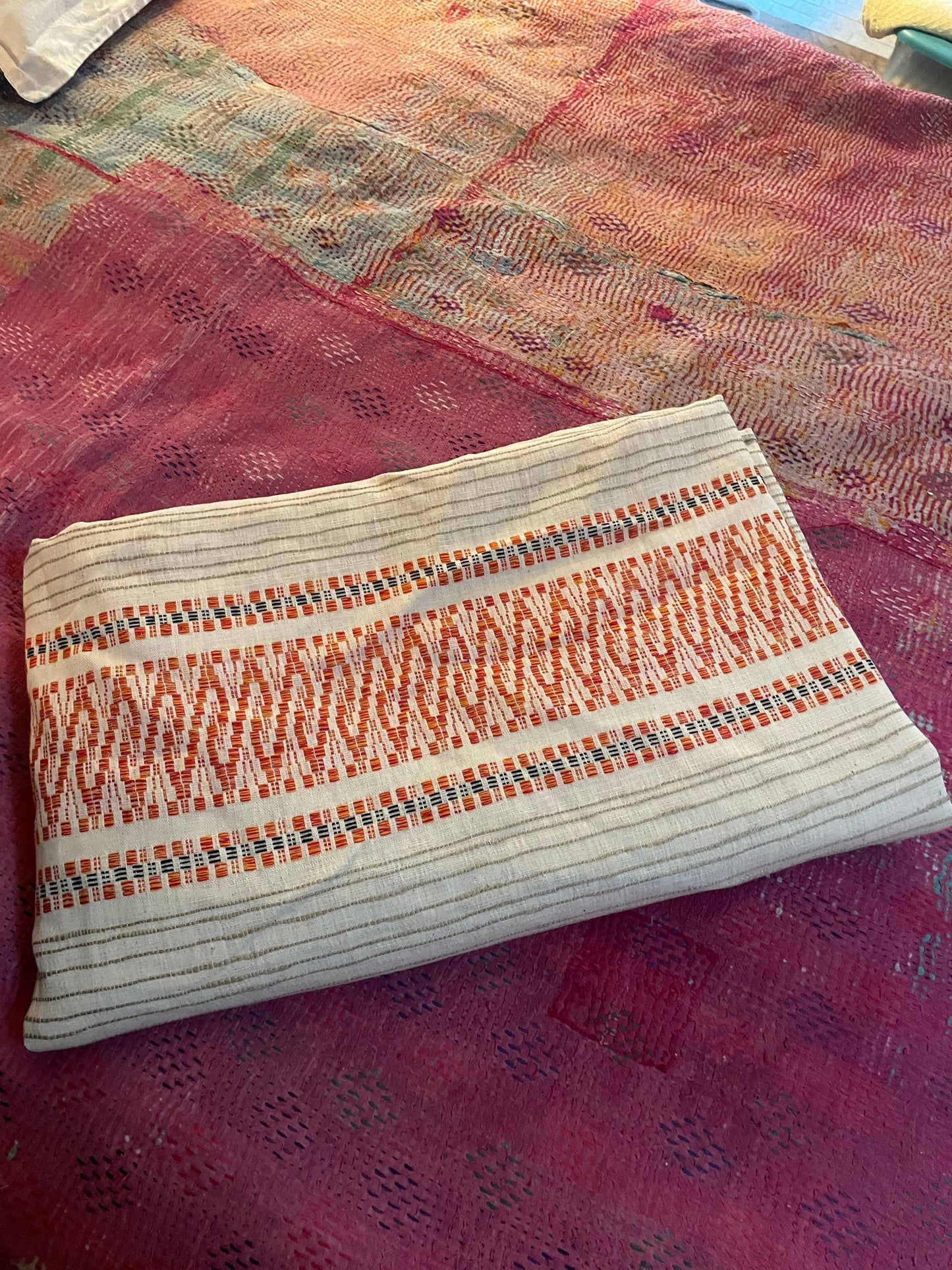 Vintage Mid-Century Handwoven Bedspread – 1960s Cotton Textile in Orange & Black | Large 104" x 74" Coverlet