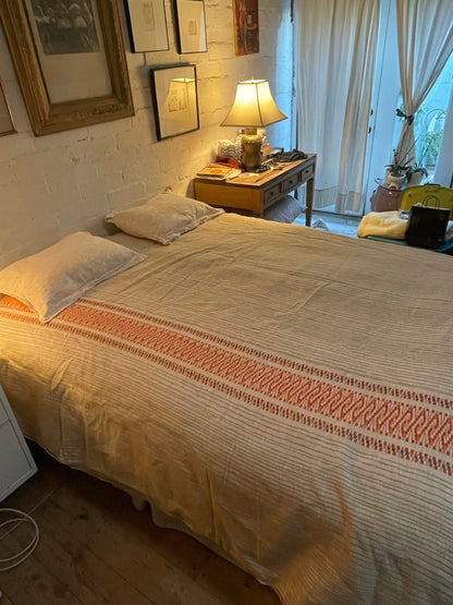 Vintage Mid-Century Handwoven Bedspread – 1960s Cotton Textile in Orange & Black | Large 104" x 74" Coverlet