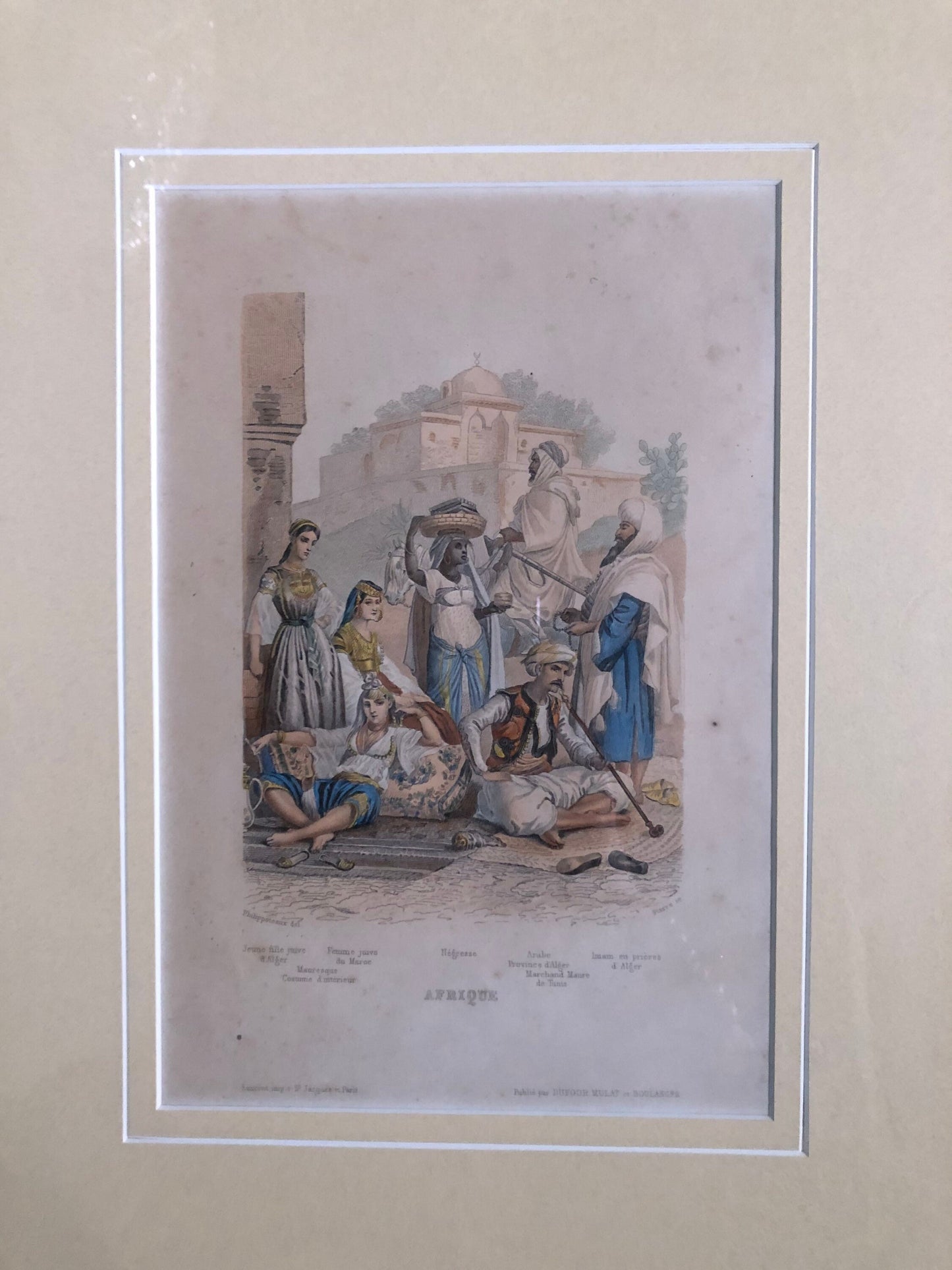 1920s French Color Engraving of North African Street Vendors Framed