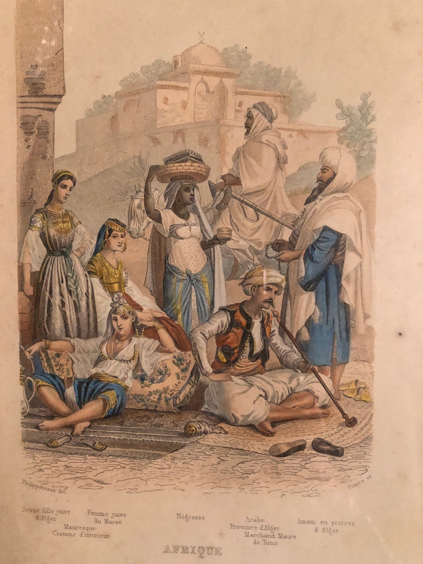 1920s French Color Engraving of North African Street Vendors Framed
