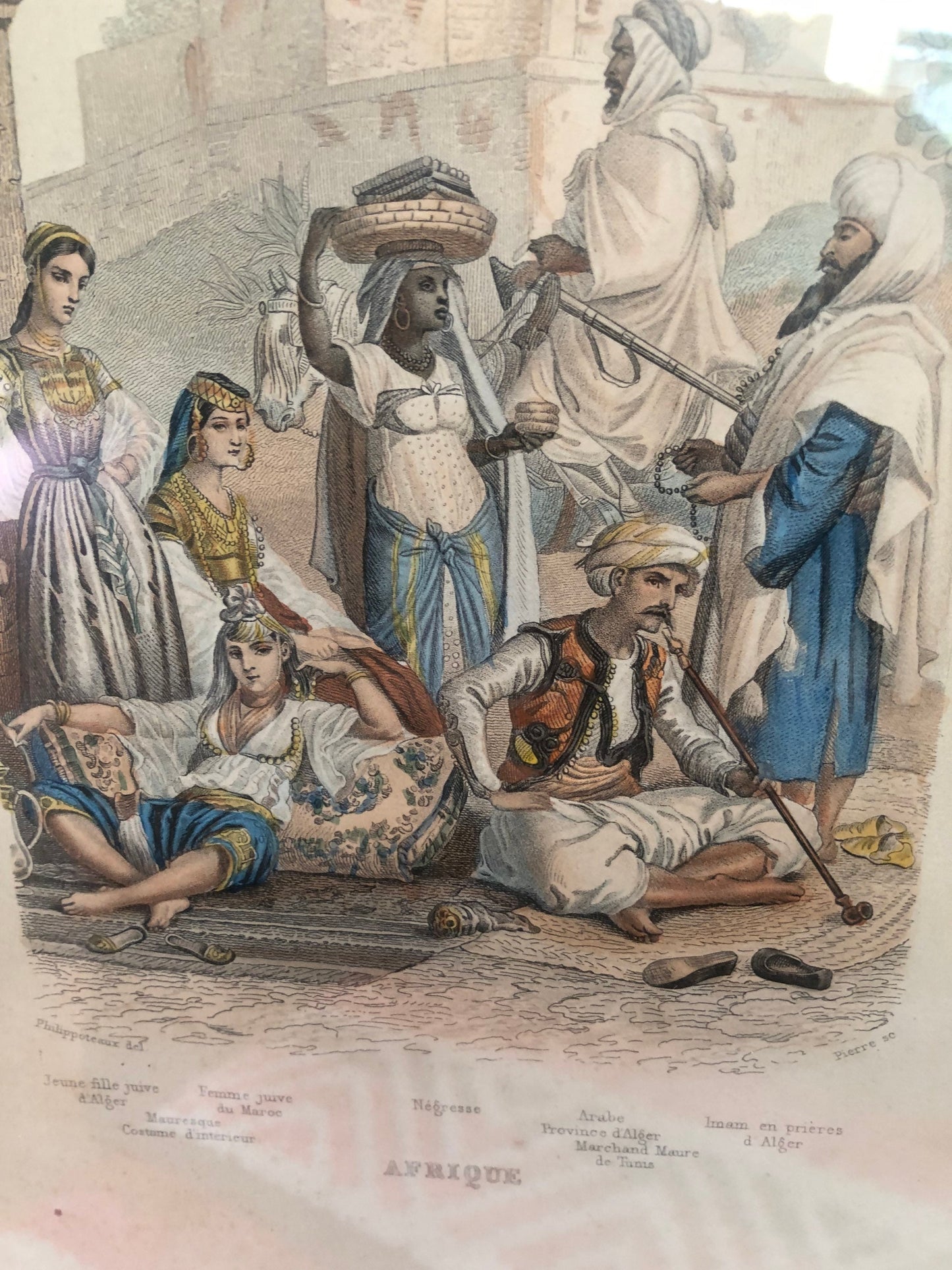 1920s French Color Engraving of North African Street Vendors Framed