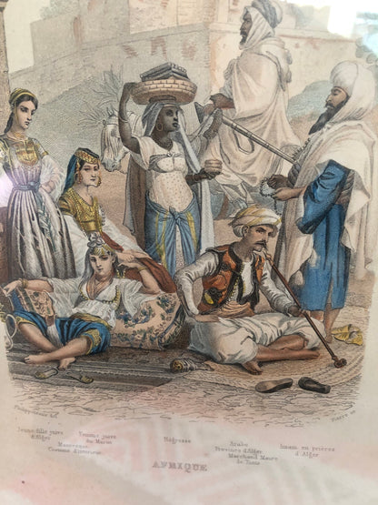 1920s French Color Engraving of North African Street Vendors Framed