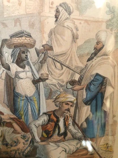 1920s French Color Engraving of North African Street Vendors Framed