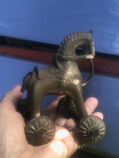 Antique Indian Bronze Horse Toy with Wheels