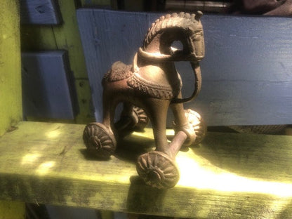 Antique Indian Bronze Horse Toy with Wheels
