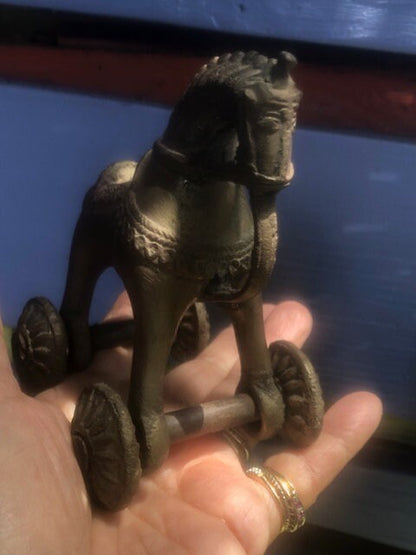 Antique Indian Bronze Horse Toy with Wheels