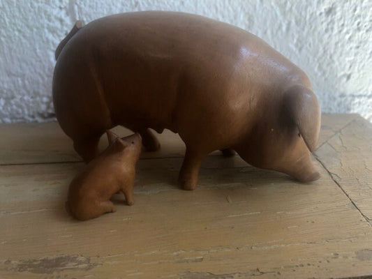 Vintage Folk Art Handmade Pig and Piglet Wood Figurines Signed