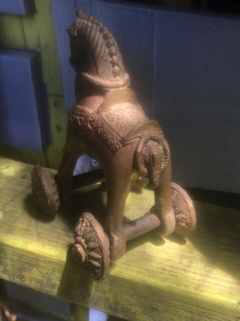 Antique Indian Bronze Horse Toy with Wheels