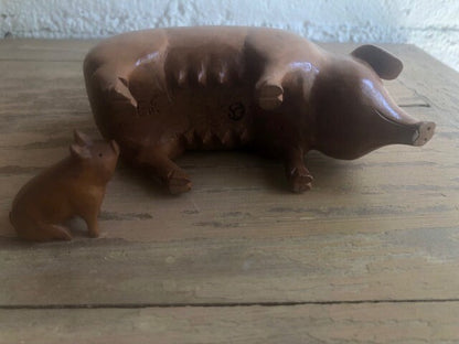 Vintage Folk Art Handmade Pig and Piglet Wood Figurines Signed