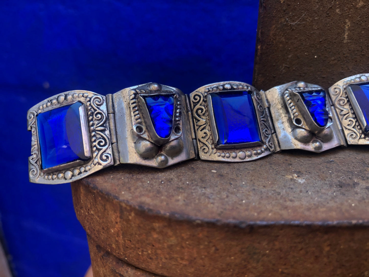 Vintage Mexican Cobalt Blue Glass and Alpaca Hinged Bracelet